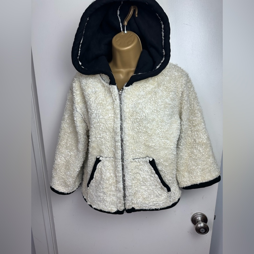 Aiko (Anthropologie)Cream Black Faux Sherpa Suede Oversized Hooded Zip Coat XS-S